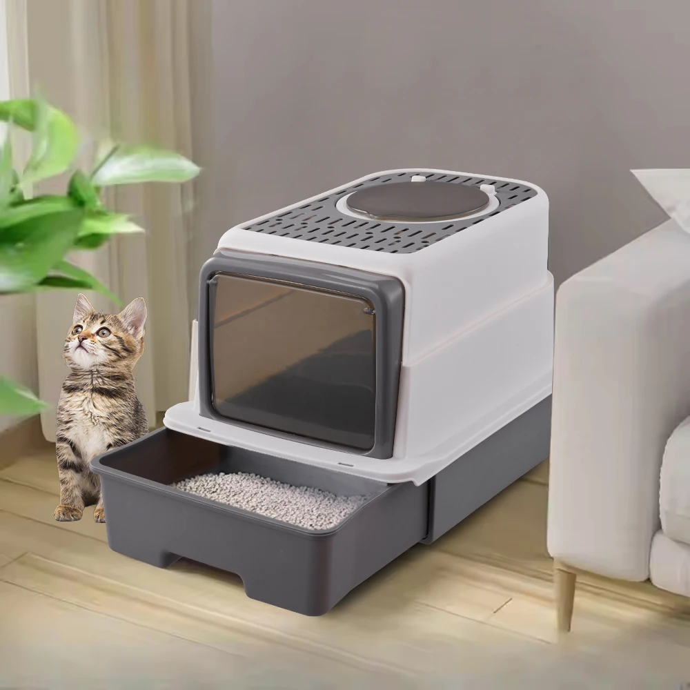 Large Hooded Top Entry Cat Litter Box with Scoop, 35cm W x 50cm D x 35cm H