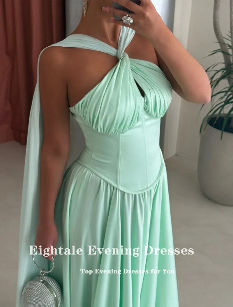 

Eightale Arabic Evening Dress Pleats Halter Green Customized Cape A-Line Chiffon Celebrity Prom Wedding Party Gown
