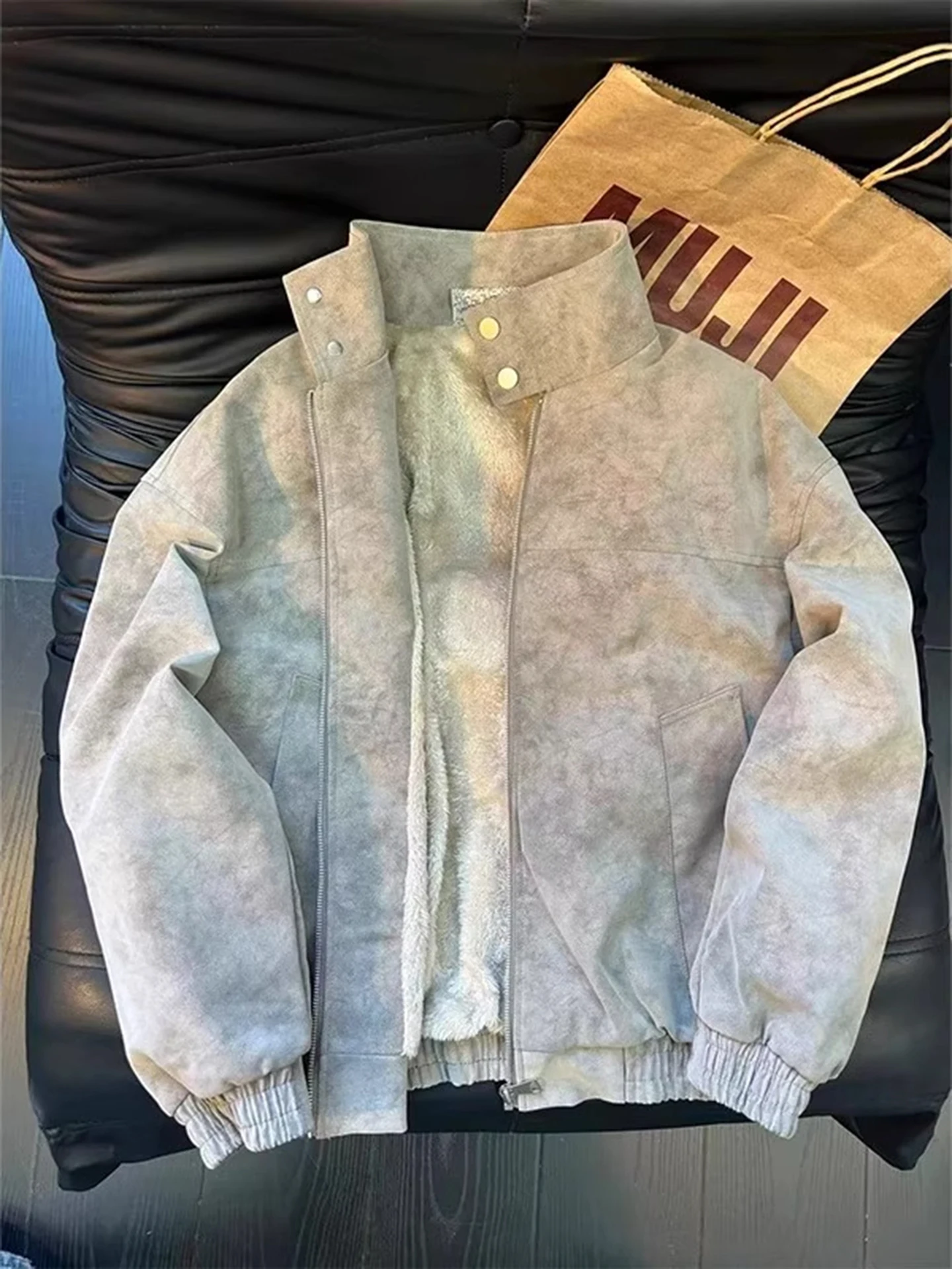 

Мужская зимняя теплая мотоциклетная куртка из американской искусственной кожи с эффектом окрашивания, утепленная хлопковая подкладкой