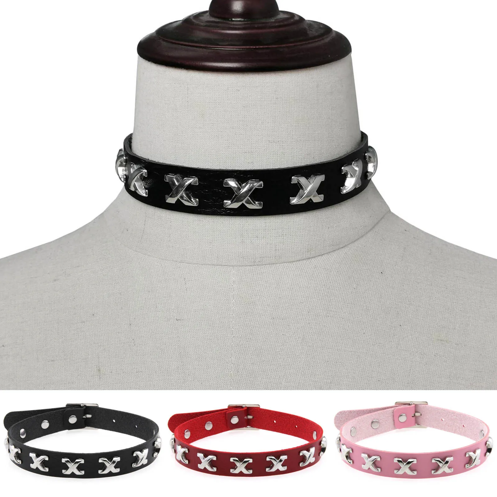 Punk Gothic Trend Super cool Adjustable X-type rivet Stainless steel snap button Multicolored Necklace Simple Temperament