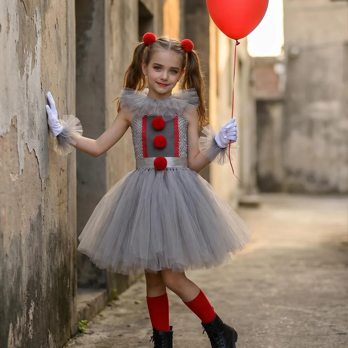 Weird Joker Grey Tutu Dress+Gloves+Hairpin+Bracelet Girls Cosplay Weirdo Creature Clown Costume Kids Halloween Pennywise Outfit