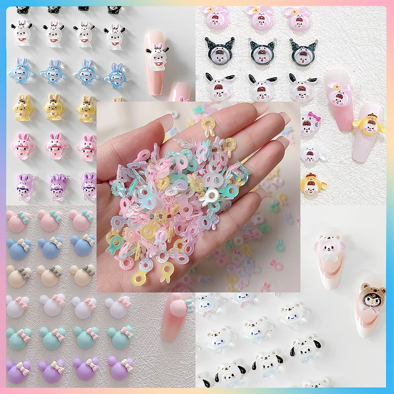 10Pcs Hello kitty Sanrios Nail Part Accessories Kawai Cinnamoroll Kuromi Pompompurin Pochacco Melody Mini Cartoon Anime Diy Toys