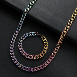 New Arrival Width 10MM 316L Titanium Steel Plated Colorful Cuban Chain Necklace Bracelet Fashion Hip Hop Jewelry Set For Men