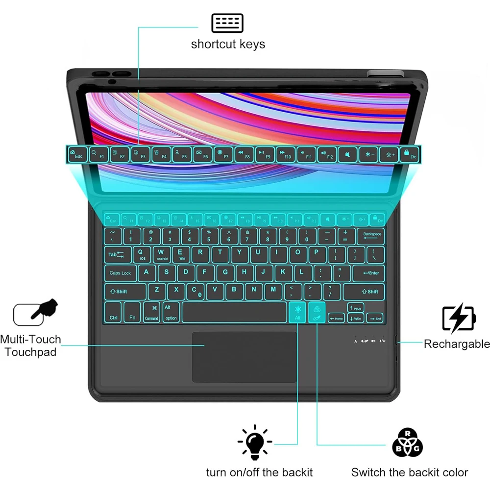 Redmi Pad Pro 12.1 lnch 용 키보드 케이스, Xiaomi POCO Pad 12.1 인치 태블릿 케이스 (분리형 무선 블루투스 키보드 포함)