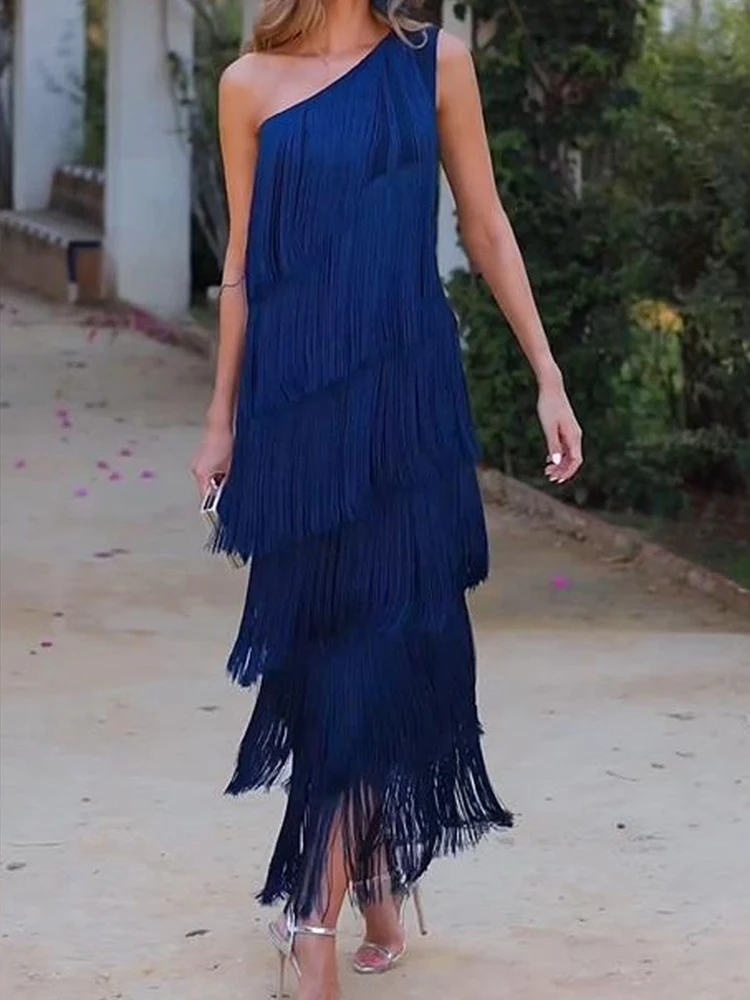 Deioao Off Shoulder Maxi Dress Sleeveless Slope Collar Tassel Stacked Hem Ruffled Sexy Beach Party Dress One Shoulder Slim Blue