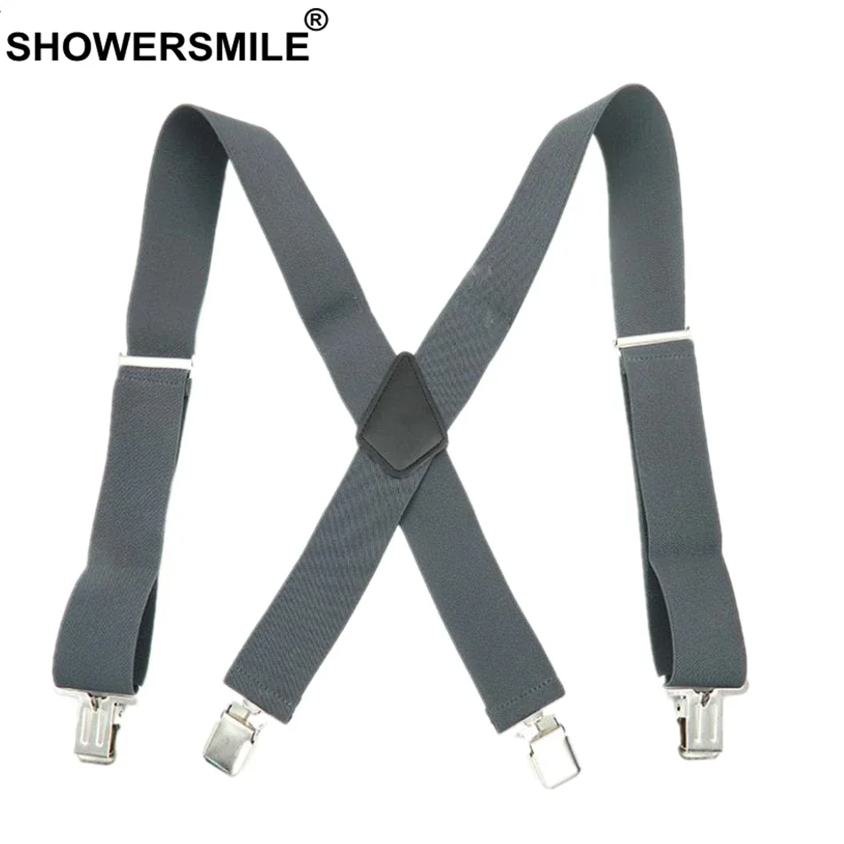 SHOWERSMILE Green Men Shirt Suspenders Wide 5cm Mens Braces 120cm 4 Clips Adjustable Leather Trousers Strap Gift For Boyfriend