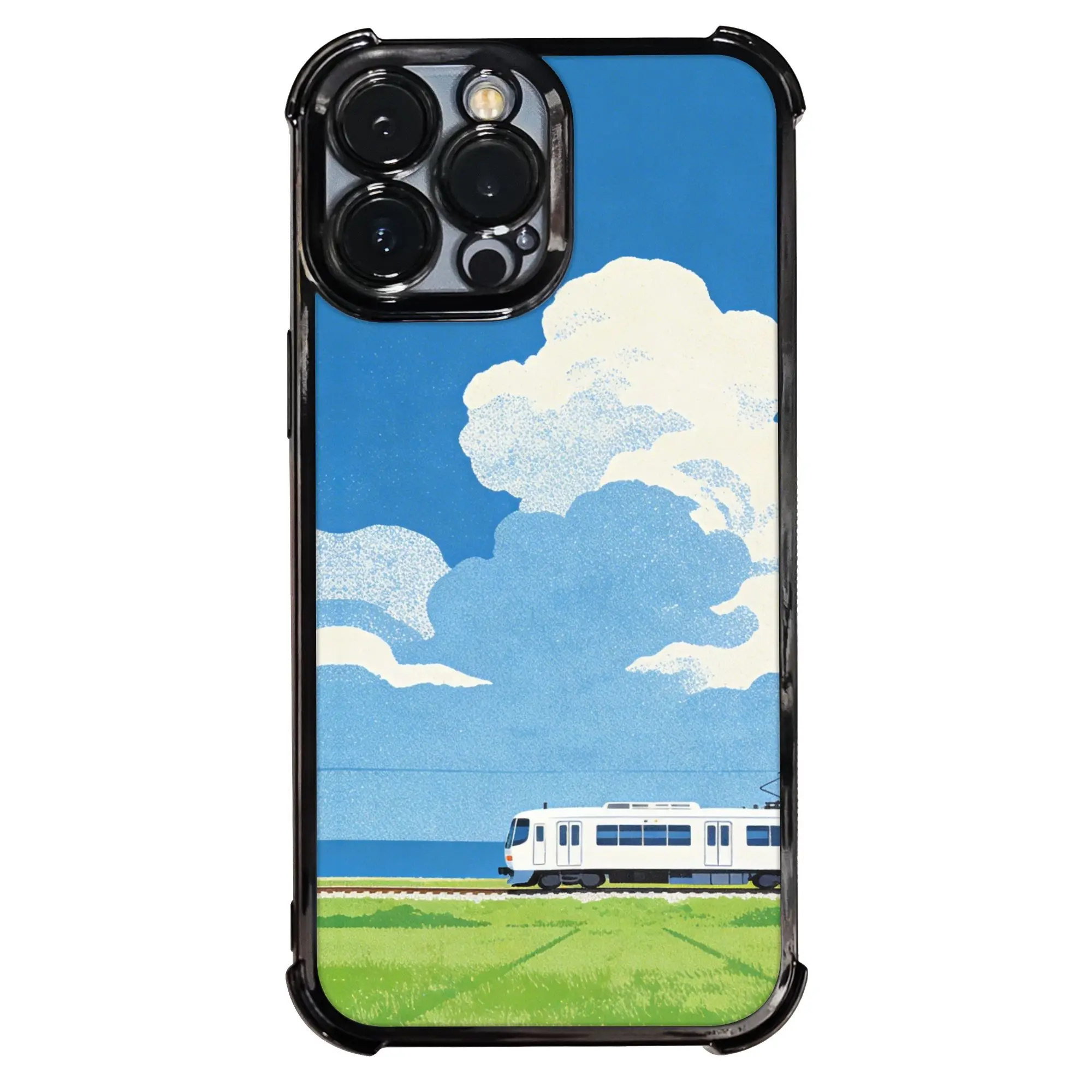 

New Armor Bumper Shockproof Japanese Style Train Meadow Scene Phone Case Electroplating Process for iPhone Various Models