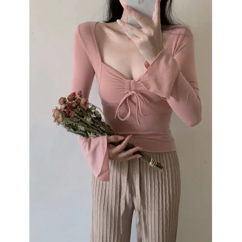Slim Fit Bell Sleeve Base Shirt Soft Comfortable Beauty Atmosphere Sensation Pure Desire Thinming Personality Korean Style Ts...