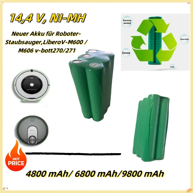Neuer Akku für Roboter-Staubsauger, 14,4 V, NI-MH 4800 mAh, 6800 mAh, 9800 mAh, für LiberoV-M600 / M606 v-bott270/271;;