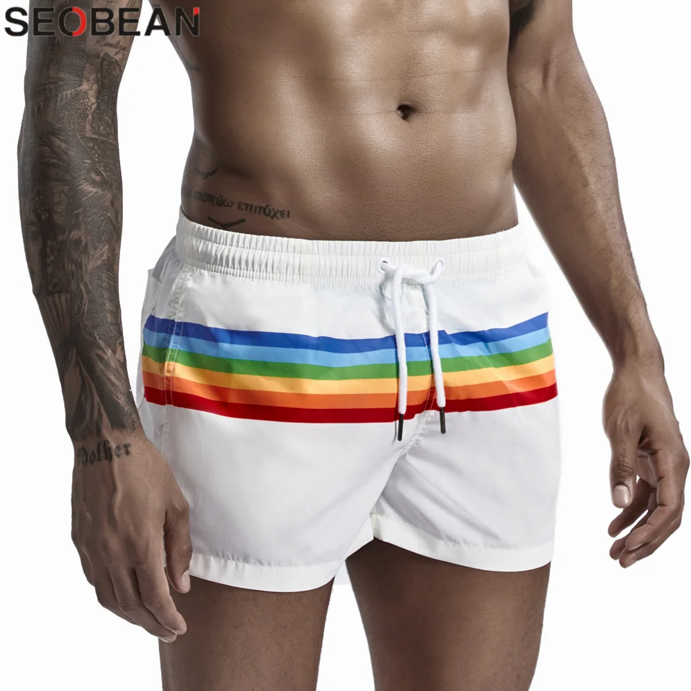 SEOBEAN Summer Men\'s Shorts 100% Polyester Quick Dry Beach Shorts Fashion Holiday Casual Board Shorts Stripes Shorts For Man