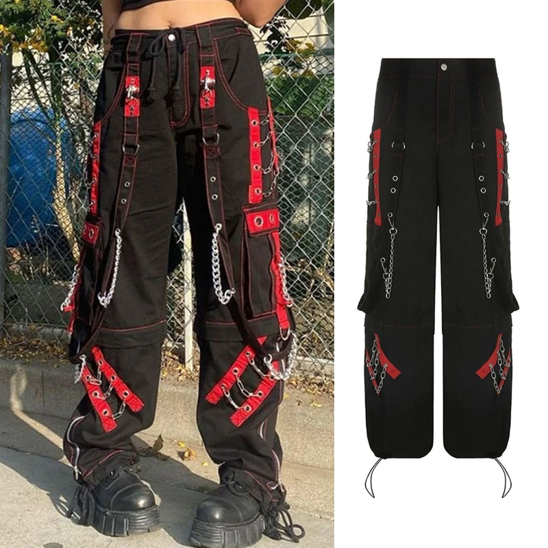 Women Dark Gothic Baggy Cargo Pants Harajuku Punk Colorblock Eyelets Bandage Metal Chain Hip Hop Wide Leg Trousers