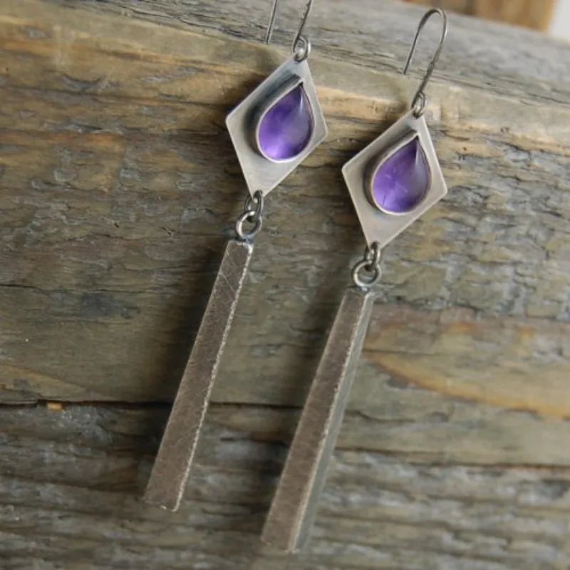 BKBK Antique Silver Diamond Frame Teardrop Amethyst Textured Long Bar Drop Women Earrings Wedding Earrings for Christmas Valentine 4th of July Minimalist Artisan Bridal Jewelry for Brides Bridesmaids Adult Ladies Daily Dinner Occasion