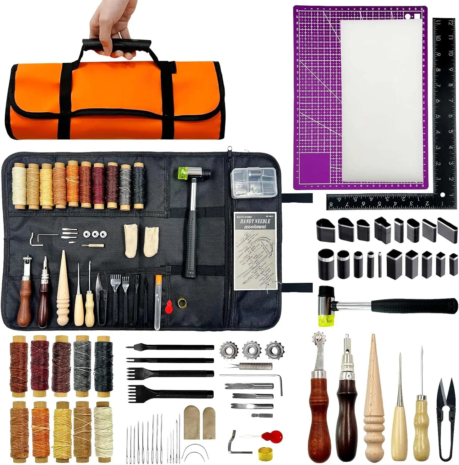 

73pcs Leather Craft Kit with Portable Handbag, DIY Tools for Polishing Sewing Cutting, Includes Punch Tool and Waxed Thread