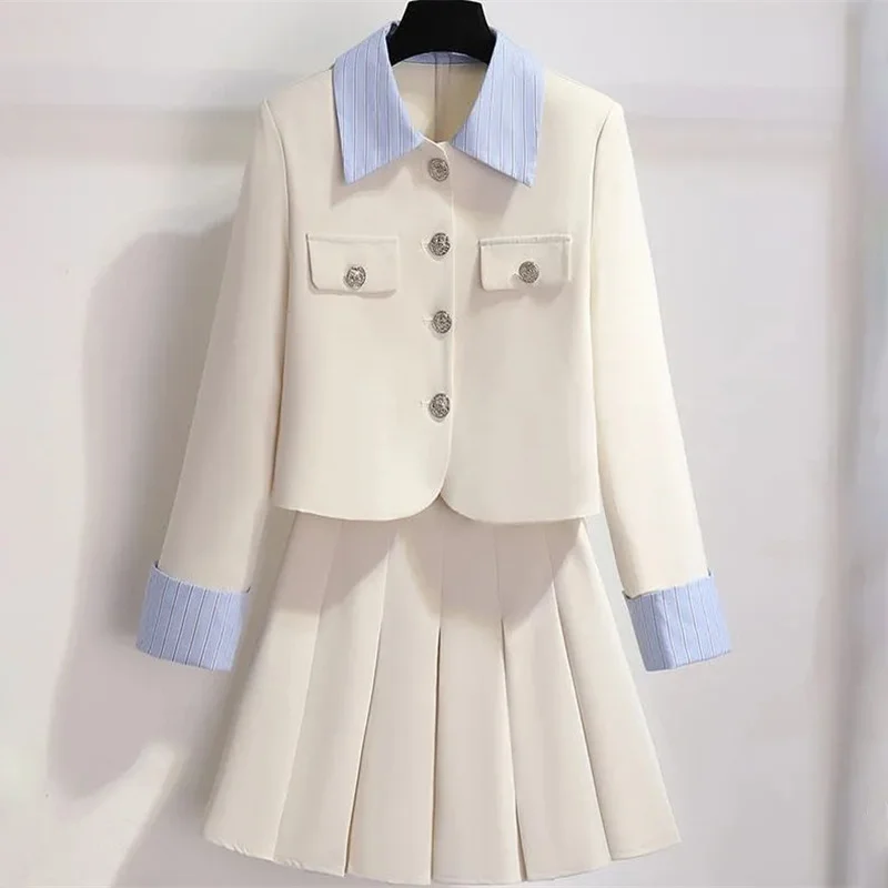 Spring Autumn Skirt Suits Women 2024 New Jacket Skirts Two-Piece Suit Fashion Single-Breasted Coat Pleated Skirt Sets Female