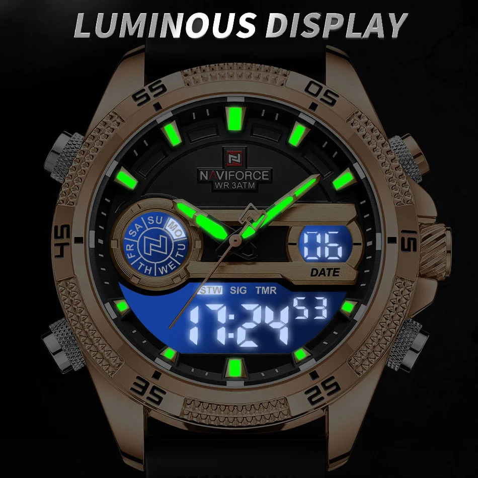 NAVIFORCE-Reloj de pulsera deportivo para hombre, cronógrafo Digital luminoso con correa de silicona, resistente al agua, alarma, 2023