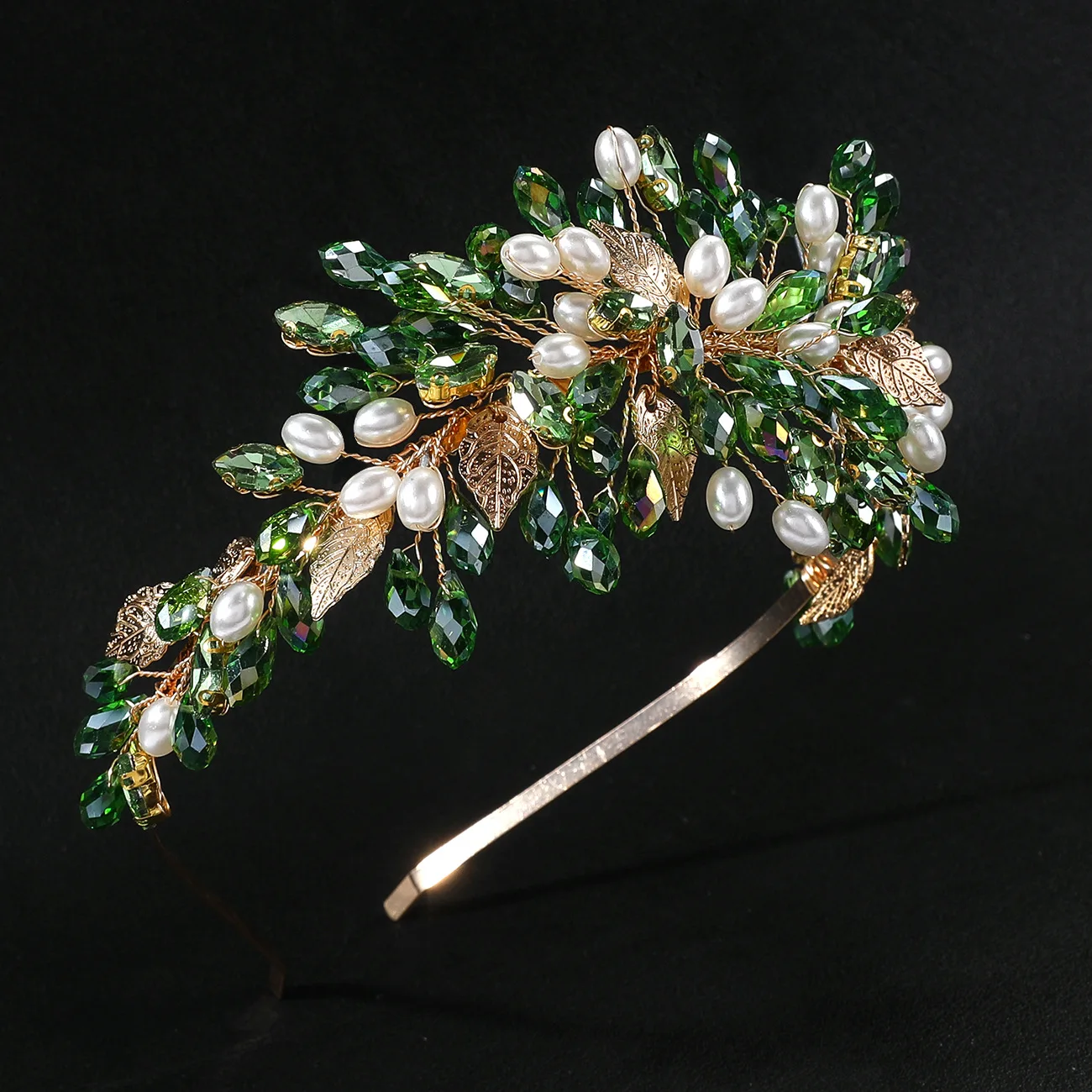 SLBRIDAL Handgefertigte Kristall-Strass-Perlen Blumen-Blatt Braut-Tiara Stirnband Hochzeitskrone Haaraccessoires Damen Mädchen Schmuck – Detail 7