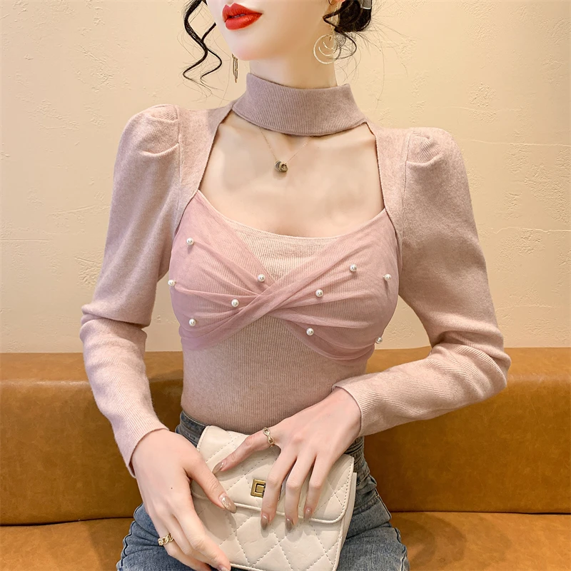 

2025,New,European,Clothes,Fall,Winter,Knitted,Sweater,Women,Chic,Sexy,Hollow Out,Patchwork,Mesh,Tops,Long Sleeve,Pullover,41178