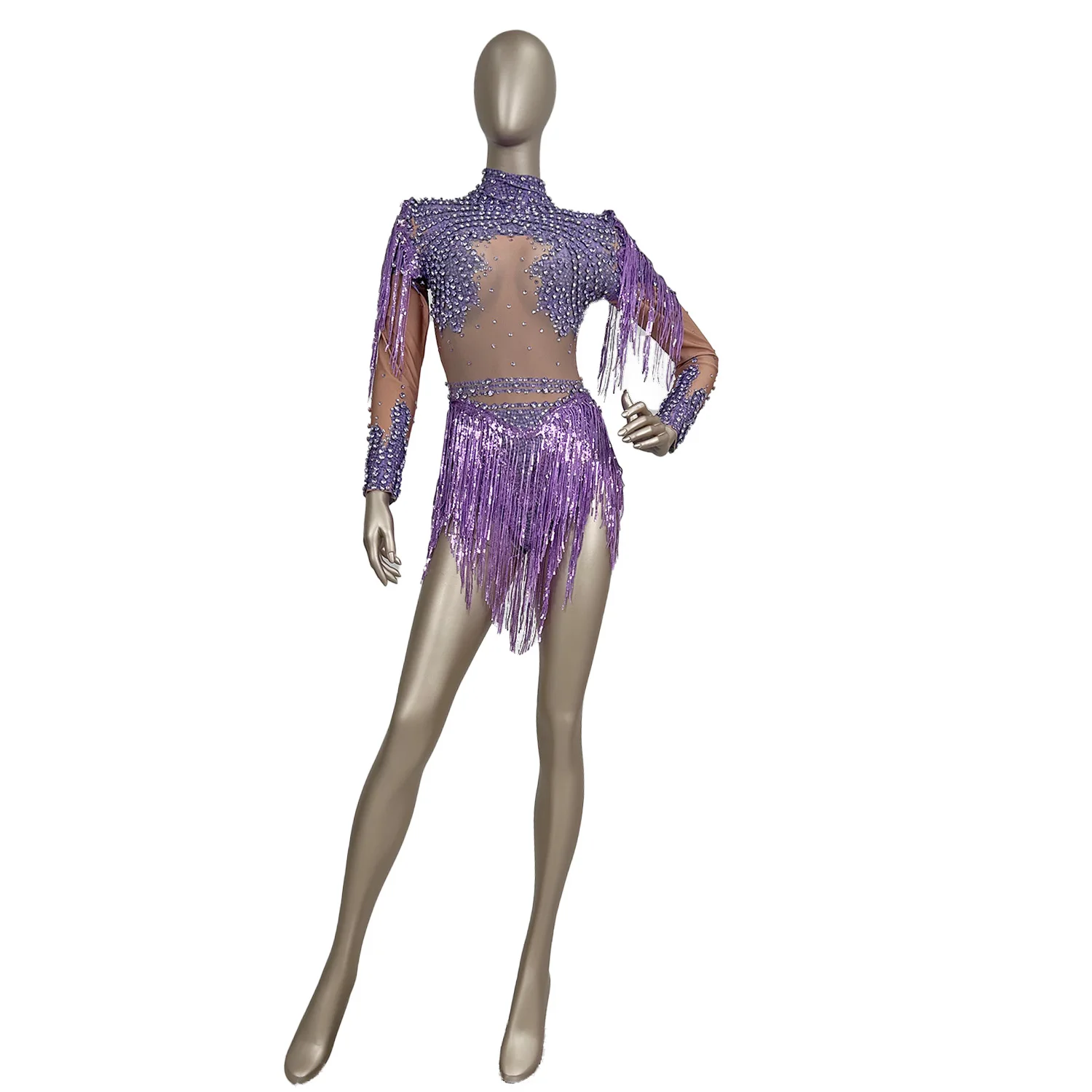 Nightclub Sexy Women Spandex Tight Fitting Bodysuit Sparkly Rhinestone Sequins Tassel Bodysuit Party Dance Show Outfit Xinniang