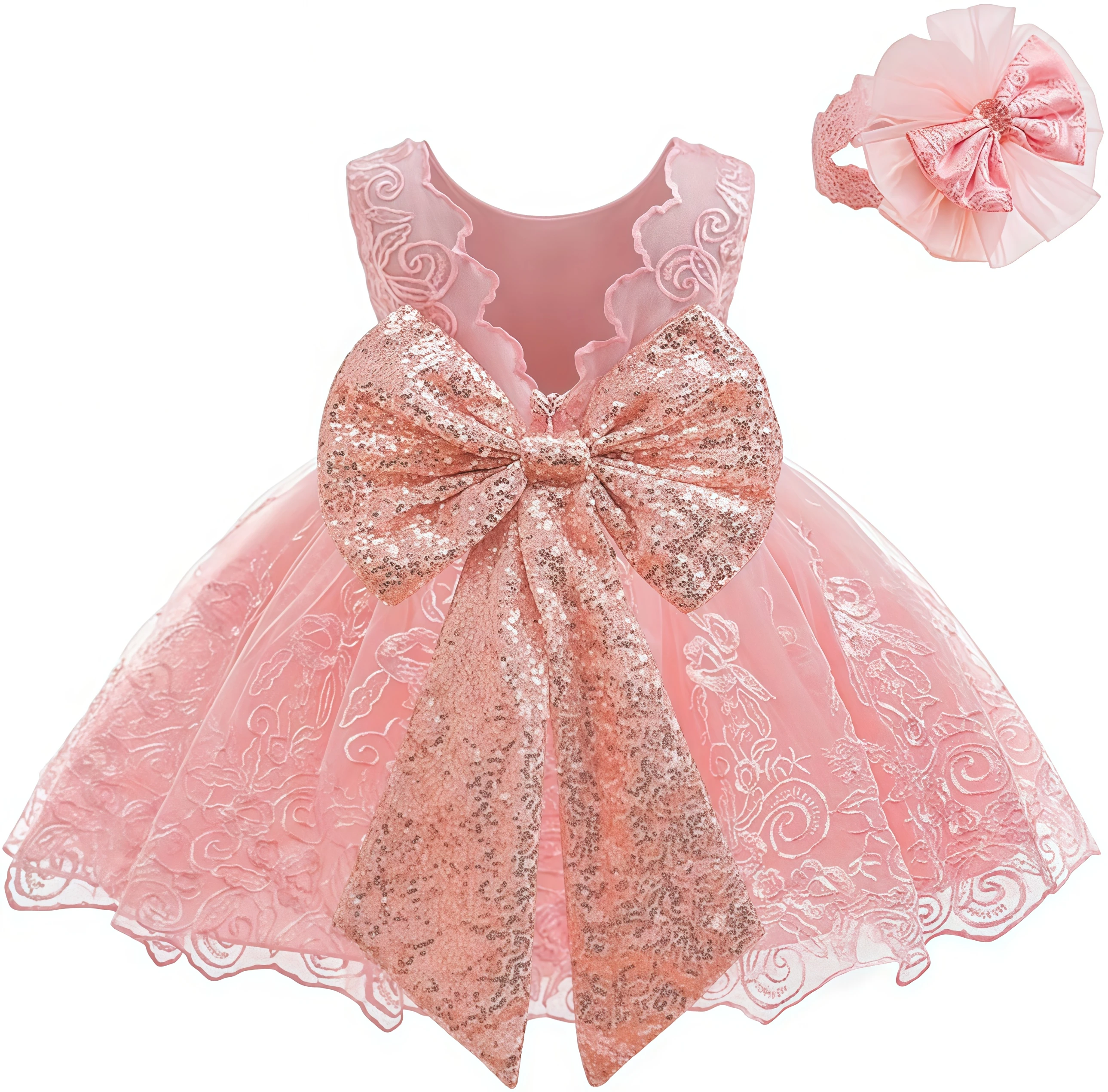 Baby Girls Lace Sequins V Back Bow Tulle Dress Flower Kids Wedding Princess 1 Year Birthday Party Baptism Formal Evening Gown