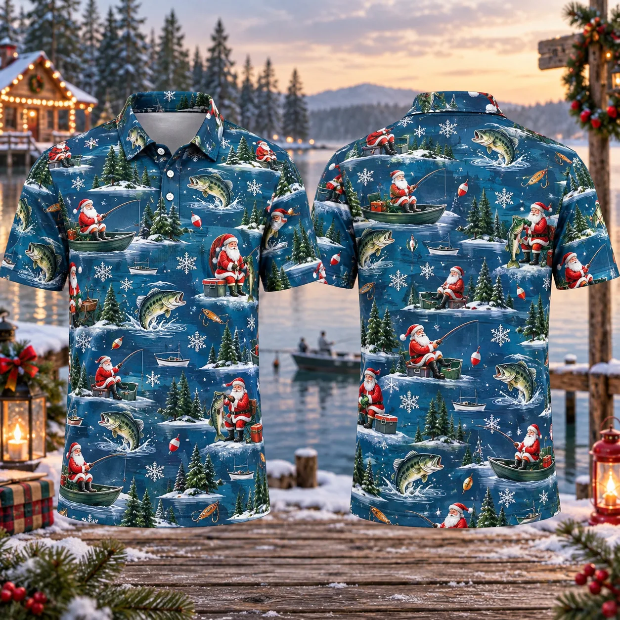 Men's Christmas Polo Shirt Santa Fishing 3D All Over Print Short Sleeve Holiday Party Golf Top