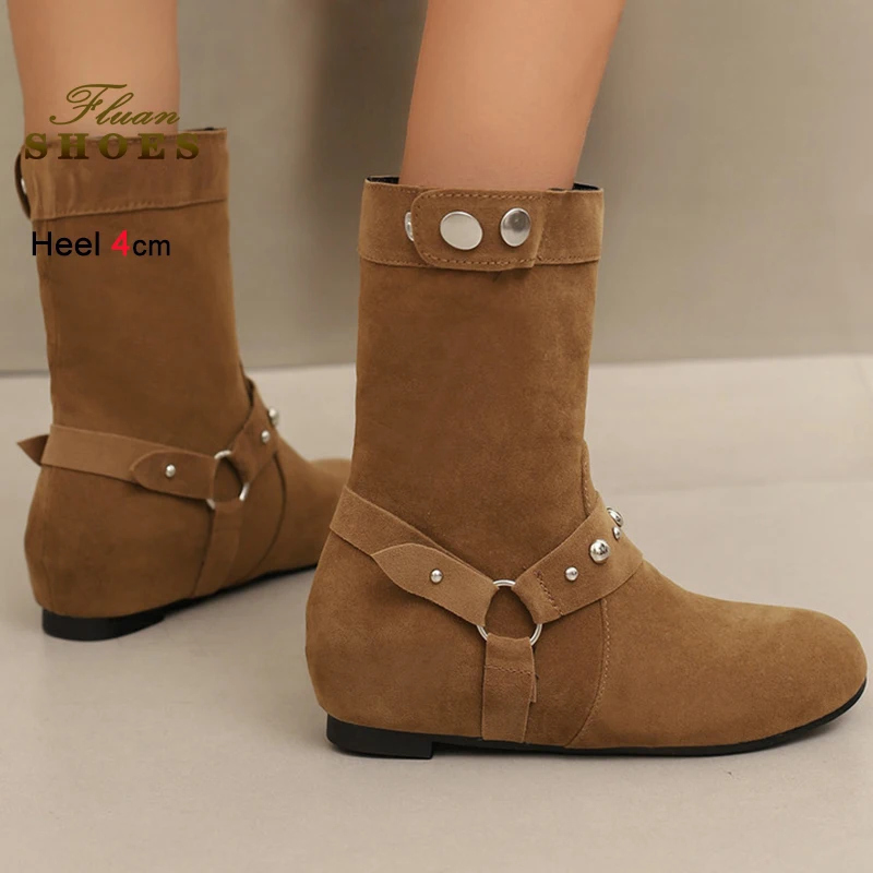 

2025 Autumn Winter Suede Brown Women's Knight Boots Round Toe Mid Calf Boots Increased Heels 4cm Belt Buckle Boots Casual Shoes
