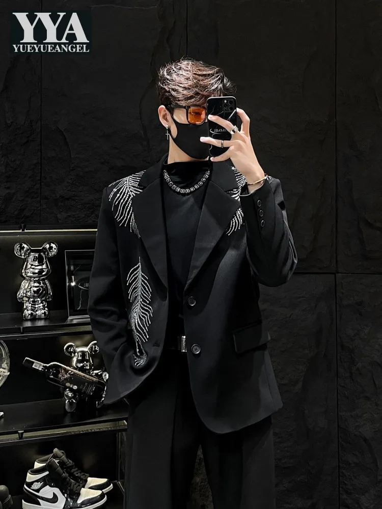 

Male Spring Autumn Fashion Diamonds Suit Jacket Long Sleeve Loose Fit Outerwear Single Breasted Party Mens Casual Blazers Tops