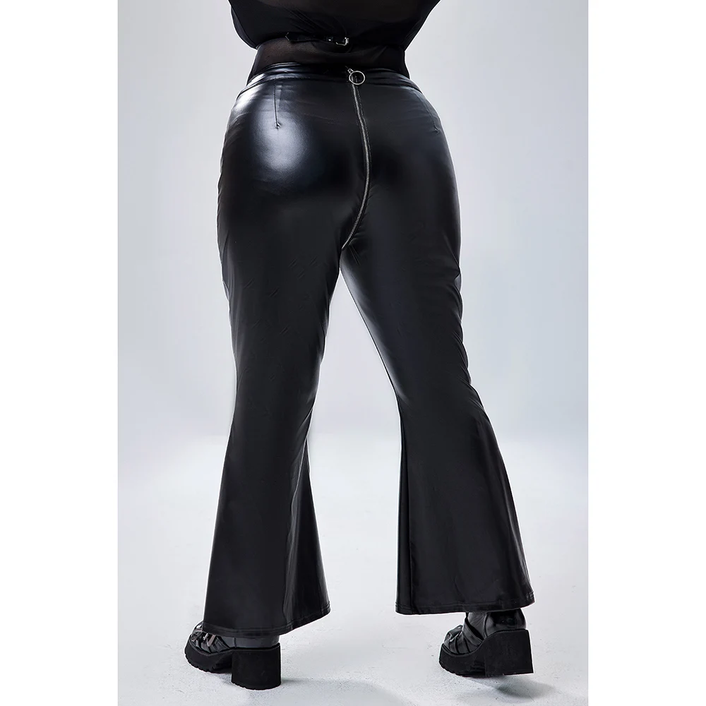 Plus Size Halloween Kostüm Gothic High Taille Reiß verschluss Pu Leder schwarz ausgestellte Hose