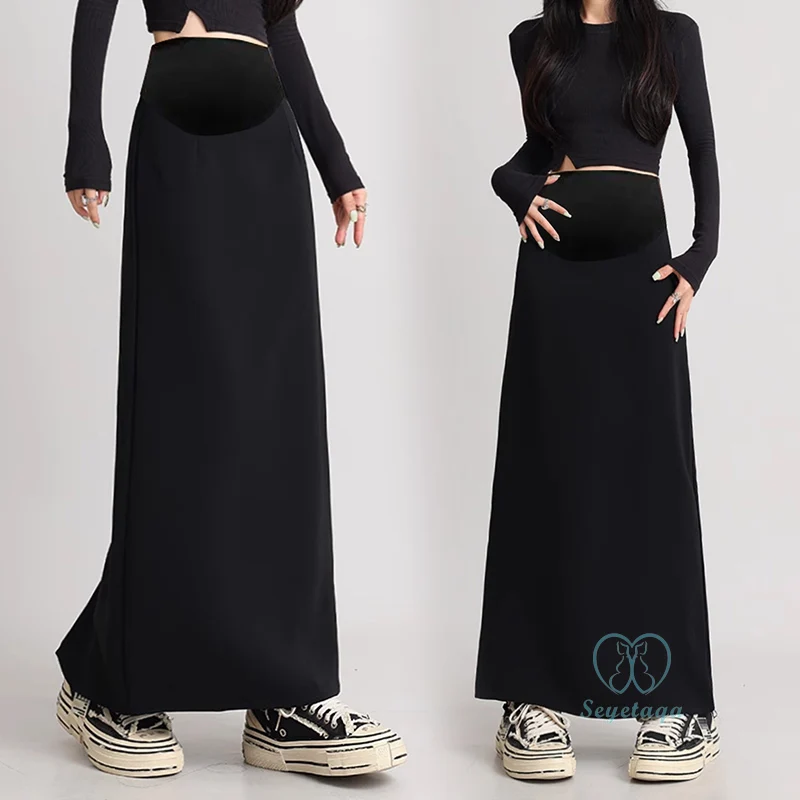 Back Splits Black Maternity Full Maxi Long Skirts 2024 Spring Casual Pencil Bottoms for Pregnant Women Elastic Waist Pregnancy