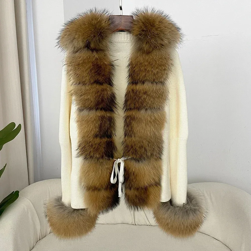 Reality Fur Jacket Luxury Patchwork Knitted Sweater Bandage Fur Cardigan Detachable Collar New Autumn-winter Women's Fur Coat