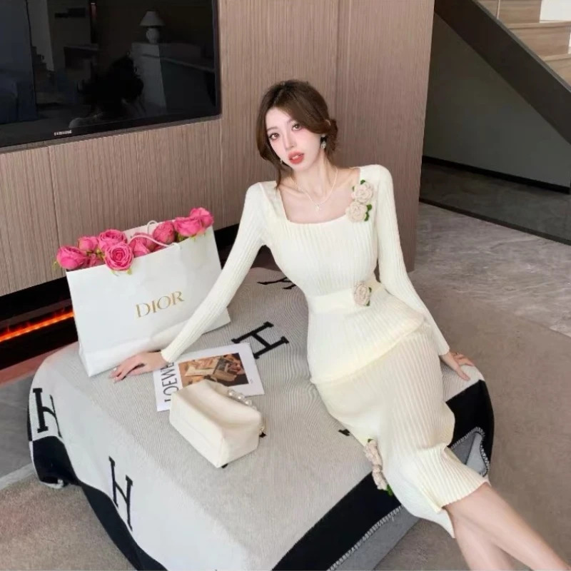 Square Neckline Women's Crochet Dresses Party Casual Retro Korean Clearance Sale New in Harajuku Fashion Prom Female Knit Dress