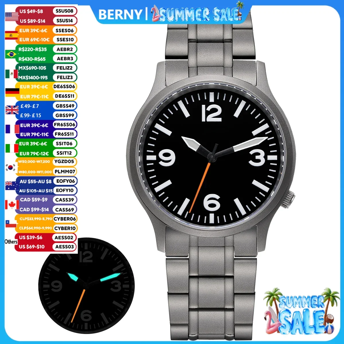 

BERNY Full Titanium Watches for Men Super Luminous Sapphire Sports Field Quartz Men's Watch VH31 Wristwatch 5ATM Easy Read