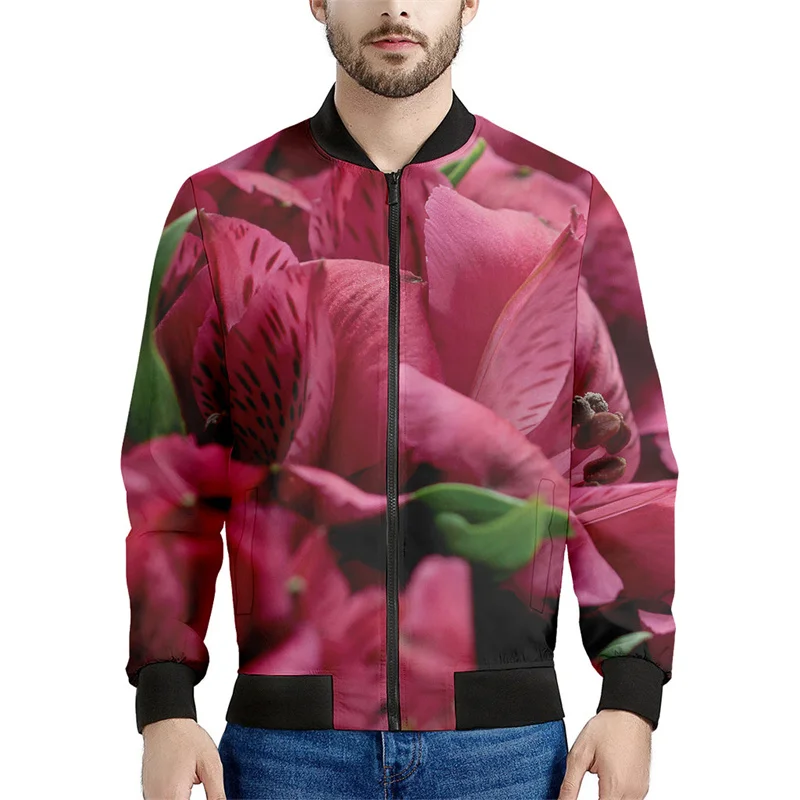 Alstroemeria Flower Pattern Zipper Jacket Men 3d Printed Ethnic Sweatshirt Street Casual Jacket Long Sleeve Bomber Zip Up Coat