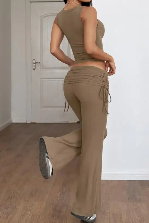 Two Piece Set Women Outfit 2026 Spring Summer New Solid Color Square Collar Sleeveless Crop Vest & High Waist Casual Pants Set