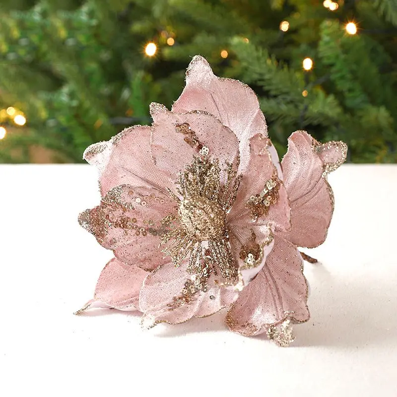 Large Glitter Artificial Christmas Flowers DIY Fake Flowers Xmas Tree Ornaments For Home New Year Decoration Supplies