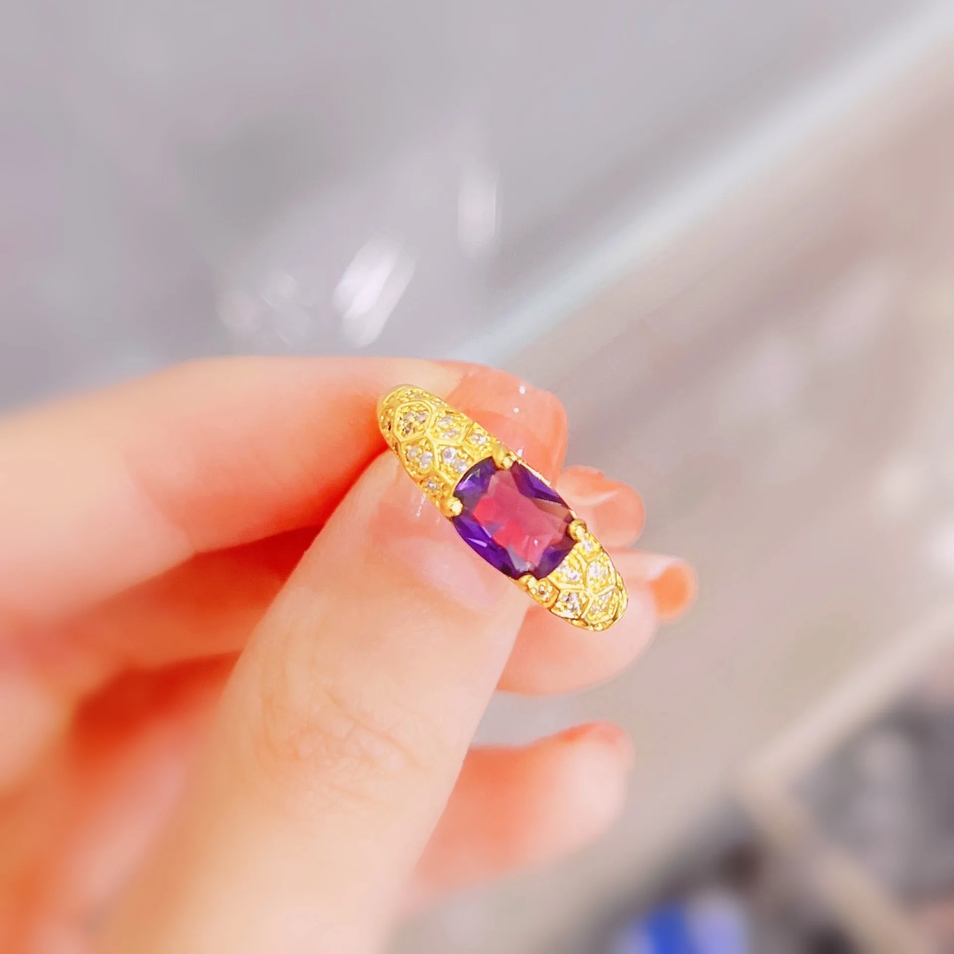 Live new welfare drainage products color treasure open ring inlaid imitation Uruguayan amethyst ring row ring tail ring