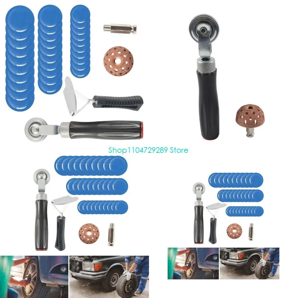 

D8KE Professional Tire Puncture Repair Set Strong Scrapers Complete 34pc Emergency Tire Patches for Motorcycle Truck Tires