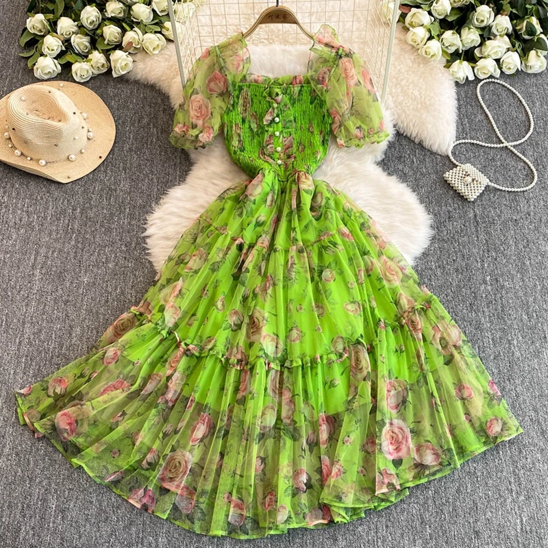 Robe florale à col carré français, nouveau Style rétro, robe d'été douce pour premier amour, robe de pause thé