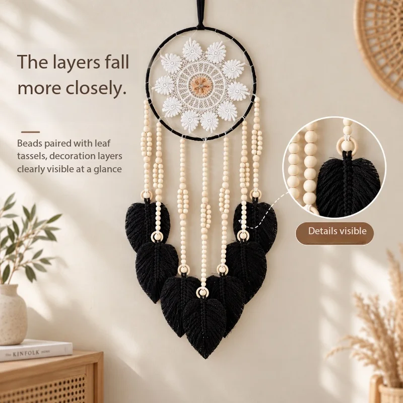 Three Colors Macrame Dreamcatcher with Wooden Beads Leaf Tassel Boho Wall Hanging Decor for Bedroom Home Ornament