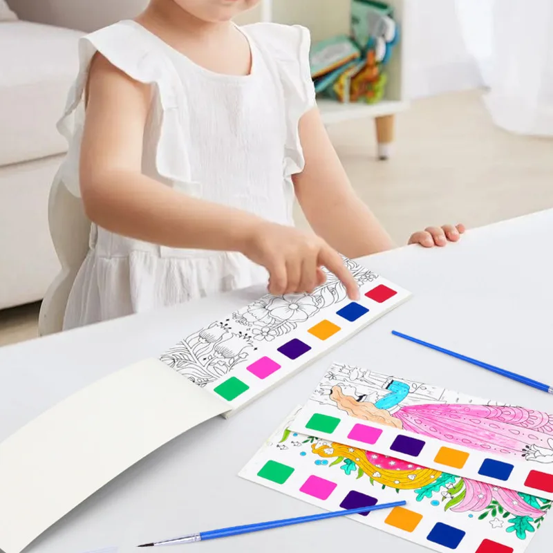 

Washable Watercolor Painting Book for Kids - Reusable Sticker Coloring Book with Brushes Early Learning Art Educational Toy