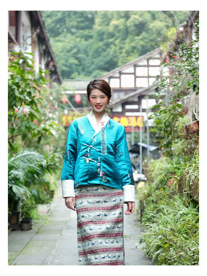 Ropa tradicional tibetana para mujer, abrigo de baile al aire libre + conjunto de falda, prenda de señora joven, traje diario informal del Tíbet mejorado TP073