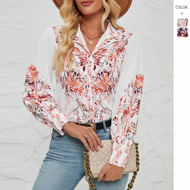 

Elegant Floral Print Long Sleeve T Shirt for Woman V Neck Button Down for Casual Chic and Bohemian Style