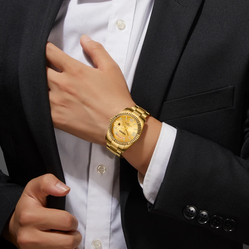ساعة رجالي ماركة YASHIDUN باللون الذهبي مقاومة للماء كوارتز ساعة رجالية بتصميم مذكرات رومانية للرجال ساعة يد من الفولاذ المقاوم للصدأ
