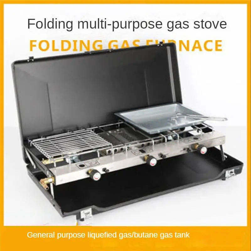 Folding Gas Stove Portable Outdoor Picnic Camping Barbecue Grill BBQ Gas Stove with 3 Adjustable Firepower Ignition Butane Gas