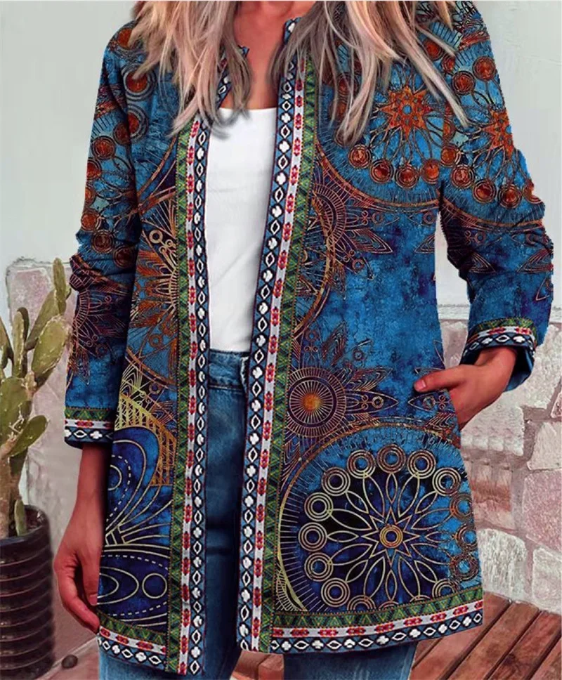 Chaqueta con bolsillos laterales y estampado de estilo étnico Vintage para mujer, prendas de vestir exteriores de manga larga con cuello redondo,