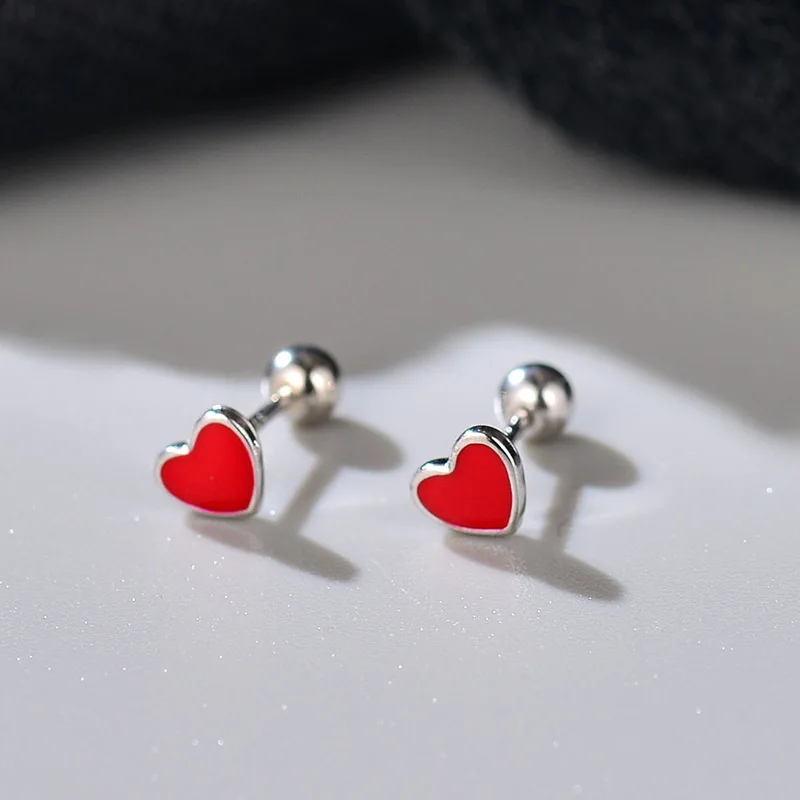 Pure 925 Sterling Silver Red Enamel Heart Screw Stud Earrings for Women Girls Korean Piercing Earring Engagement Party Jewelry