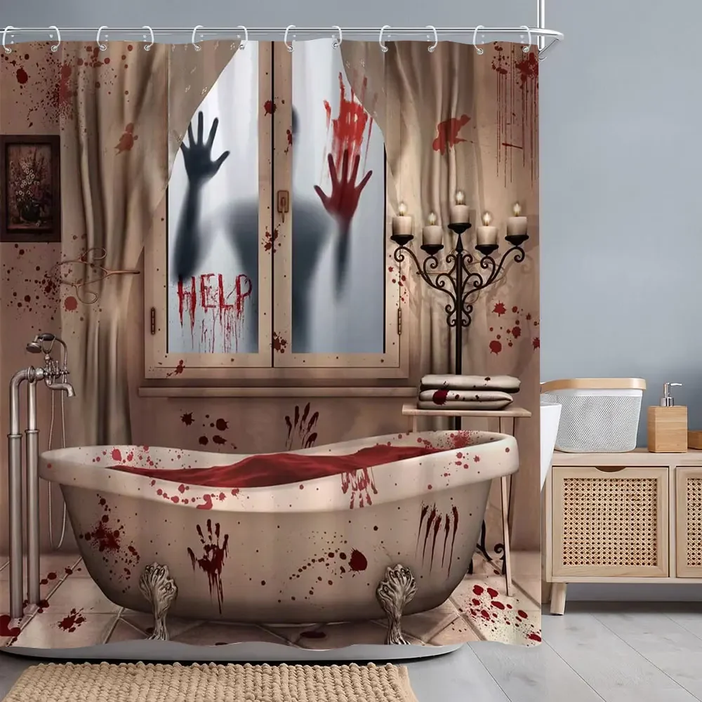 Scary Blood Handprints Halloween Shower Curtain Scary Shadow Blood Bathtub Polyester Shower Curtains Bathroom Decor with Hooks