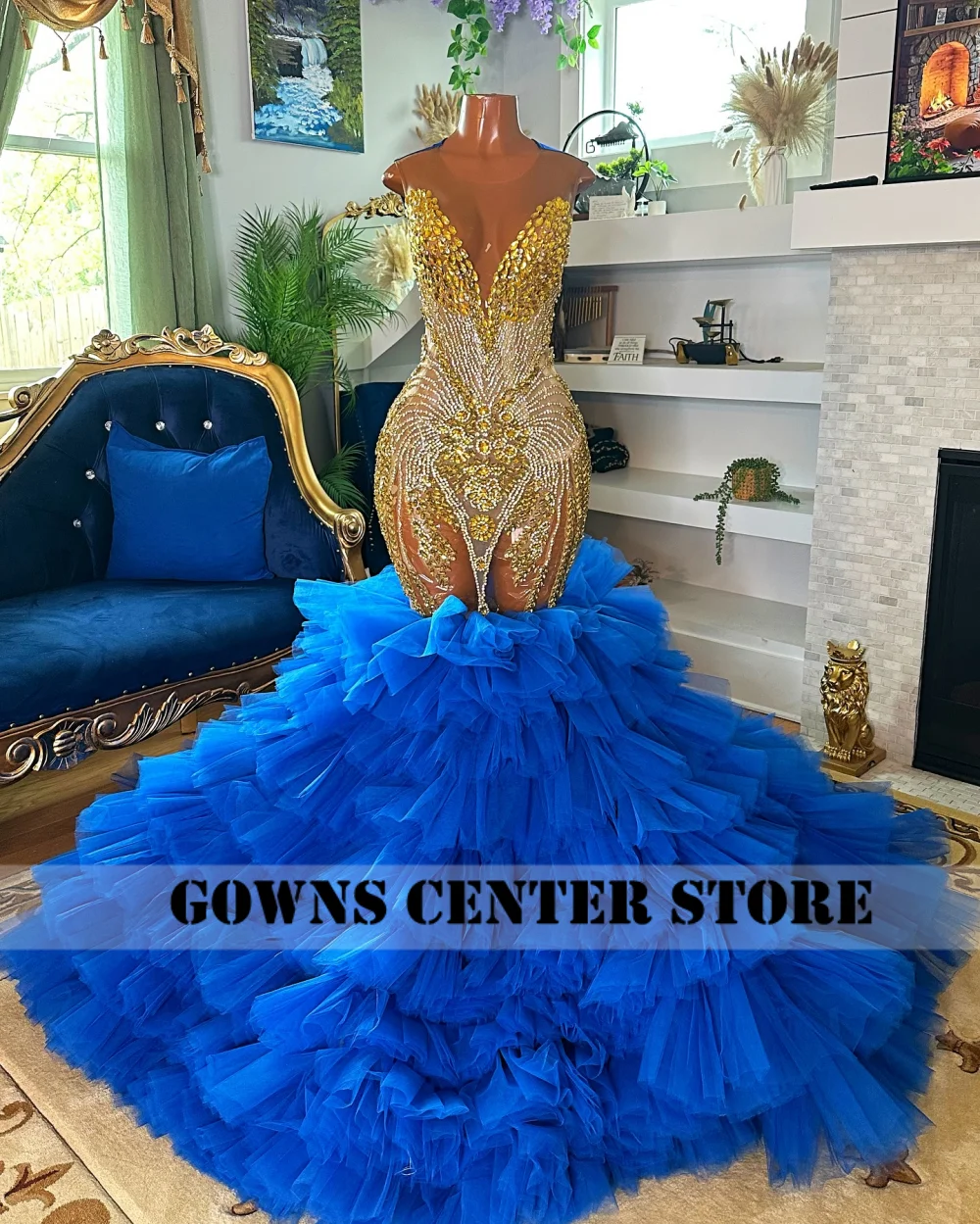 Królewsko Niebieskie Sukienki Syreny Z Złotymi Cyrkoniami Na Imprezę, Bal, Ślub, Wieczór, Dla Czarnoskórych Dziewcząt, Luksusowe, Na Urodziny, Szyte Na Miarę