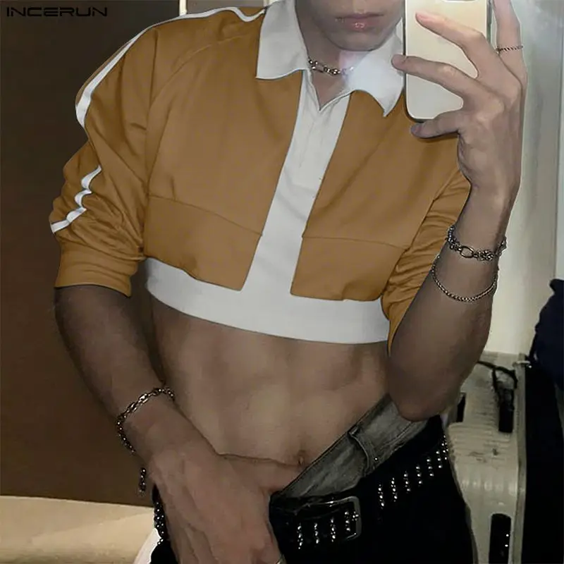 

INCERUN Men Shirt Patchwork Lapel Long Sleeve Loose Casual Menswear Clothing Streetwear 2026 Stylish Crop Tops For Man Camisa