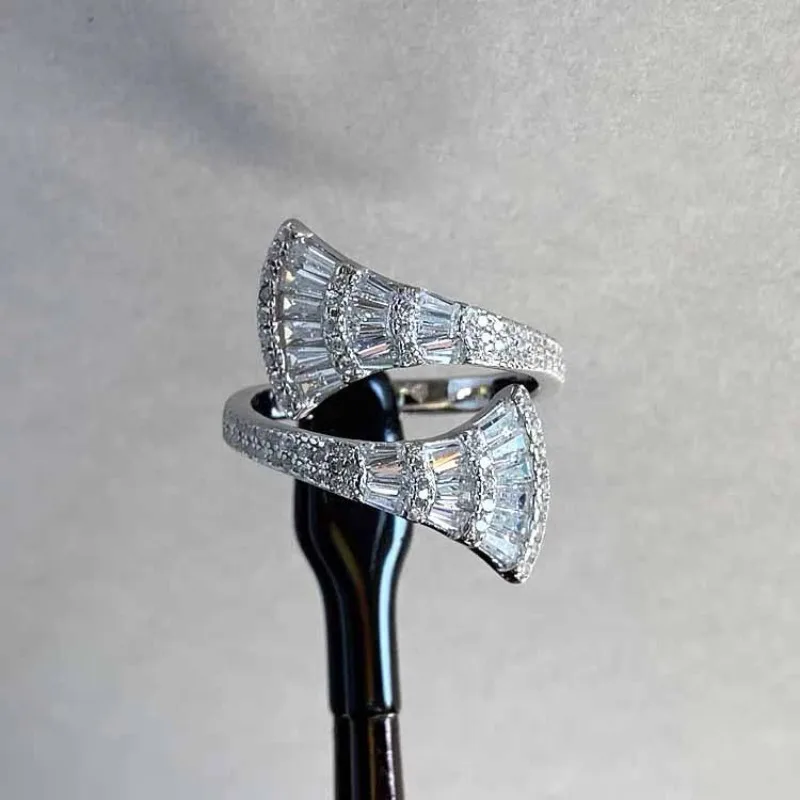 Trendy T square ladder full diamonds double fan-shaped fish tail rings for women sweet style gift ring high-end fashion jewelry