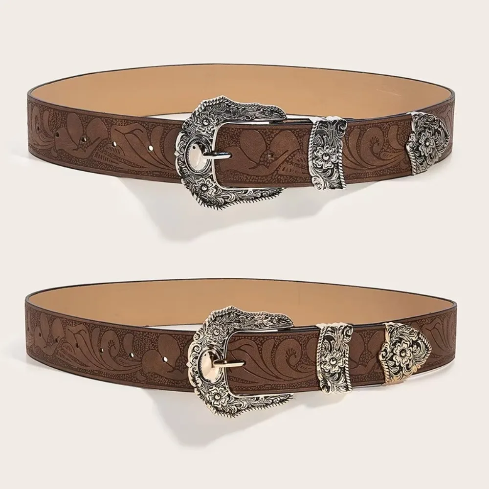 Ikat Pinggang Kulit PU Antik Mewah Y2k dengan Sabuk Gesper Pin Gesper Berukir Logam Sabuk Pinggang Cowgirl Serbaguna
